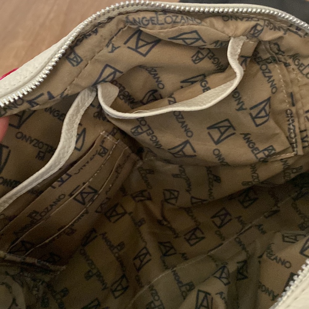 AngeLozano cream pebble leather colorful floral embroidered satchel bag. Boho - Picture 10 of 13